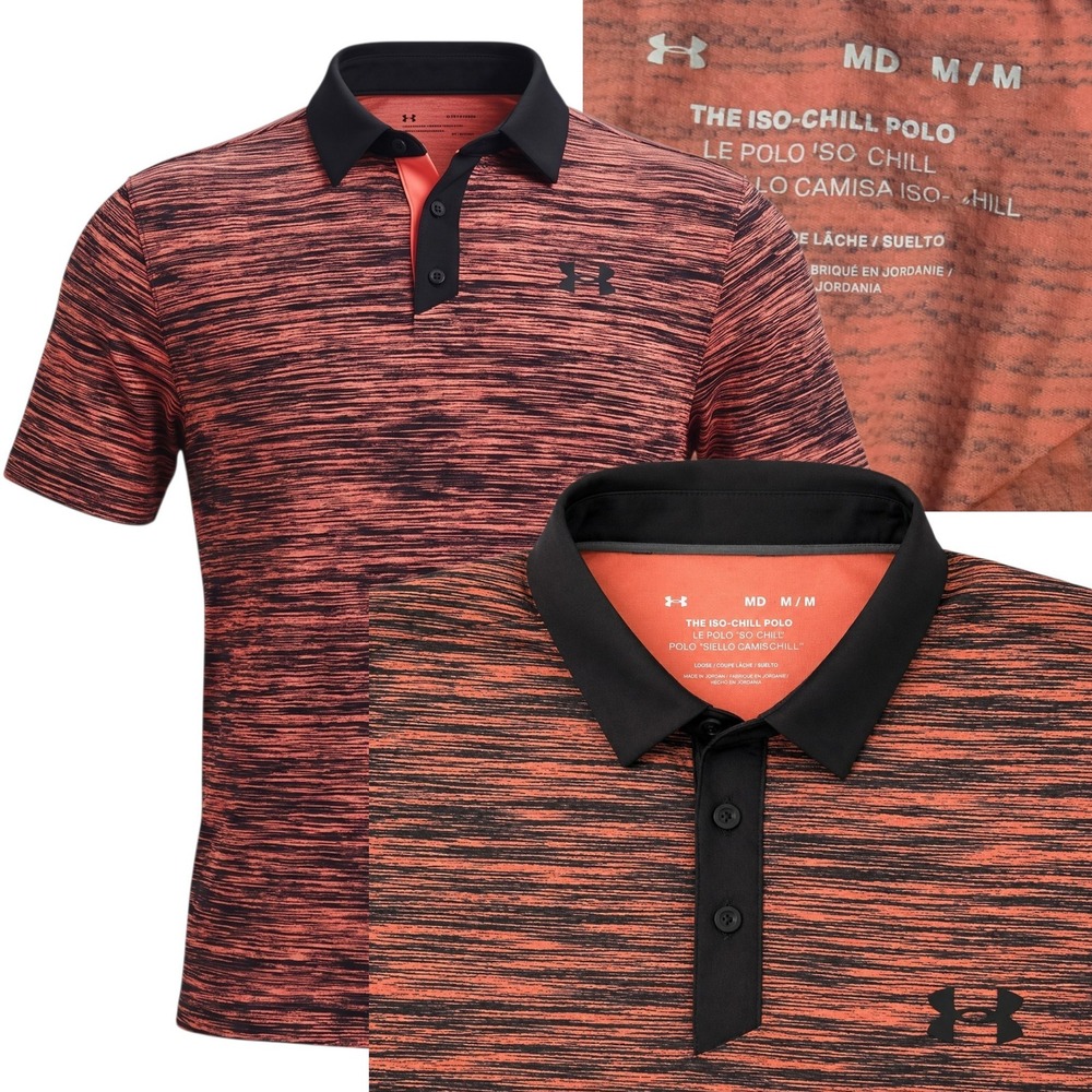 Under Armour Iso-Chill Polo Men Medium Orange Black Space Dye Golf Shirt M